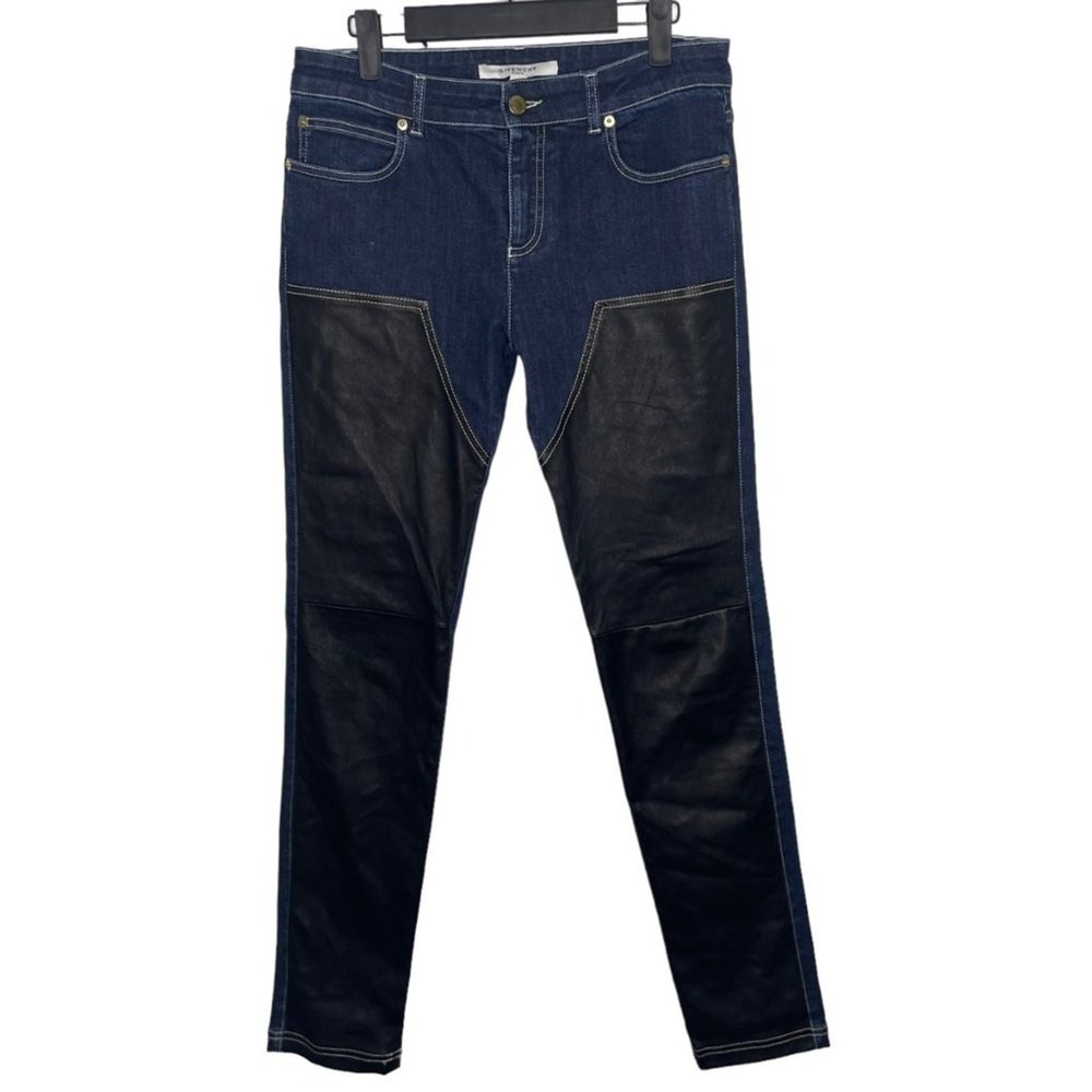 Givenchy Paris Lambskin Leather Paneled Denim Jeans Dark Wash Blue Black 40